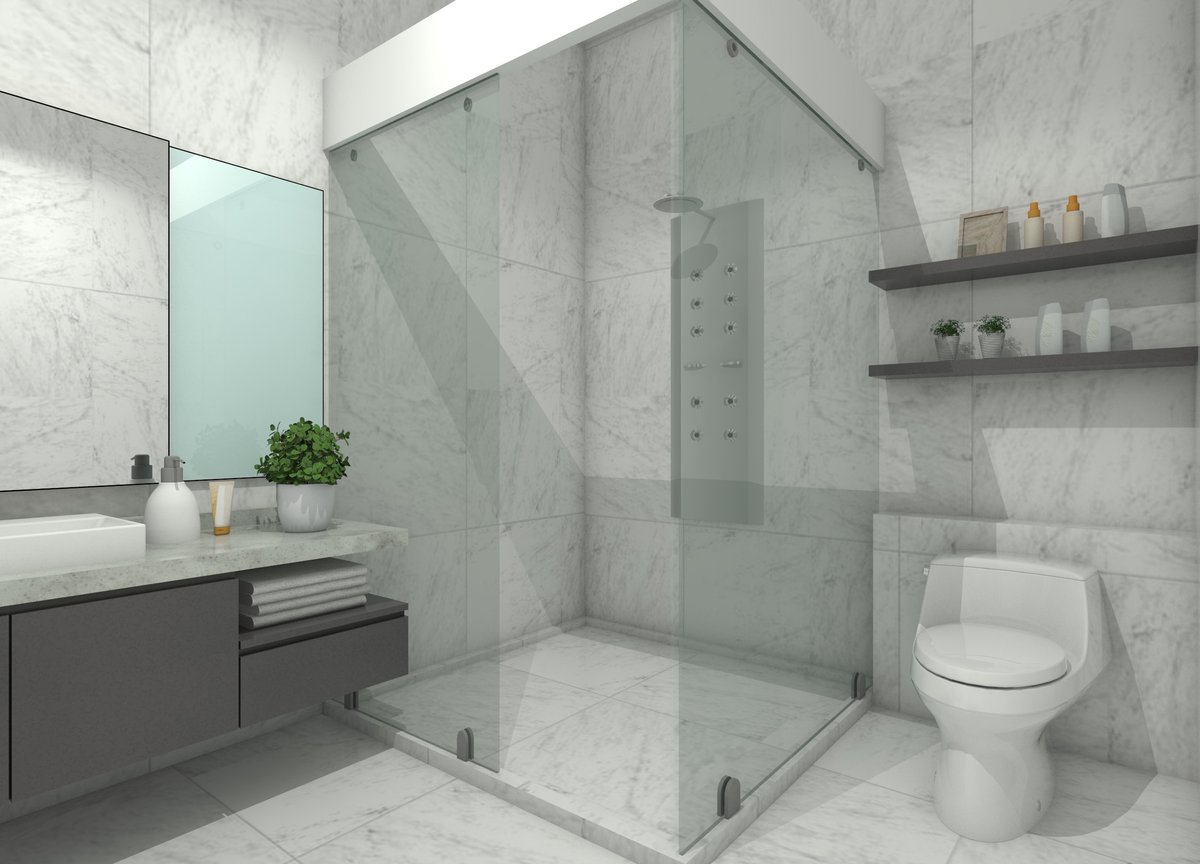 Modern 3D bathroom interior design with sink cabinets, storage drawers, mirror panel, toilet, and elegant shower area