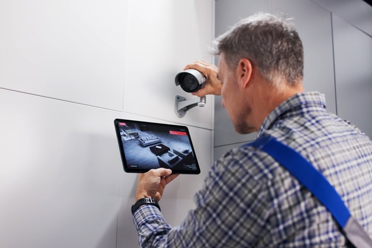 Skilled Technician Installs Secure CCTV Surveillance Camera Alarm System Professionally