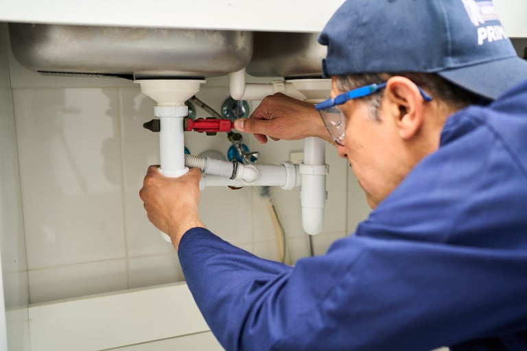 Plumbing, handyman and maintenance with man in kitchen for repair, industrial and inspection