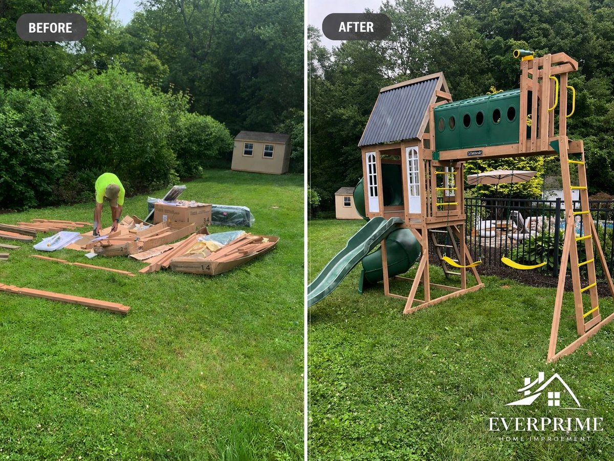 Before and after comparison of a backyard playground installation, showing construction materials transforming into a completed wooden playset with slide and climbing features