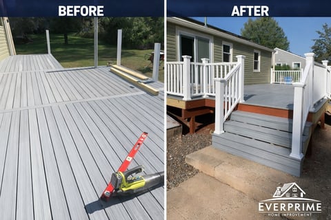 Before and after deck renovation with white railings and steps