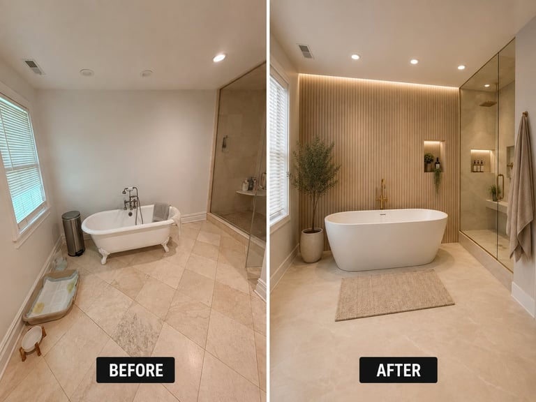 Bathroom renovation before and after comparison showing transformation from minimal white tub to modern spa with freestanding soaking tub and glass shower enclosure