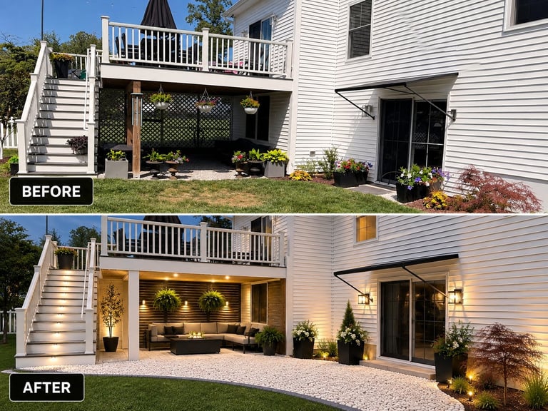 Before and after home renovation showing deck and patio transformation with improved lighting and landscaping
