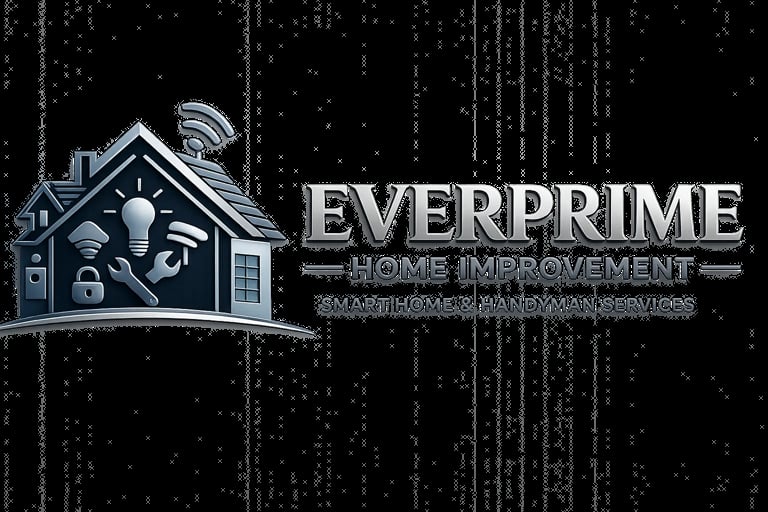 EVERPRIME Home Improvement logo featuring a house icon with smart home and handyman services text on dark background