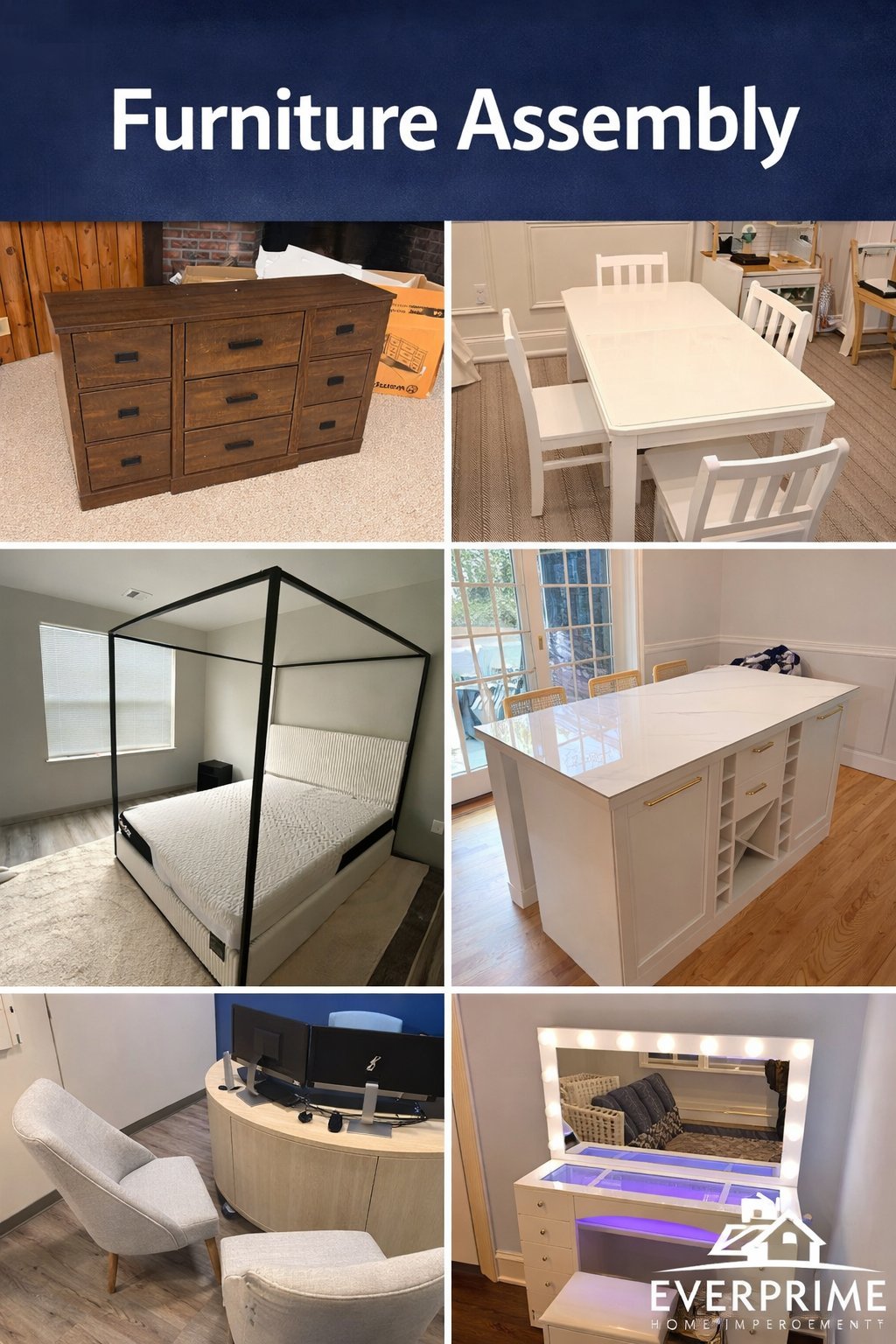 Collage of assembled furniture pieces including wooden dresser, white dining table with chairs, black canopy bed, white desk, curved chair, and vanity with mirror