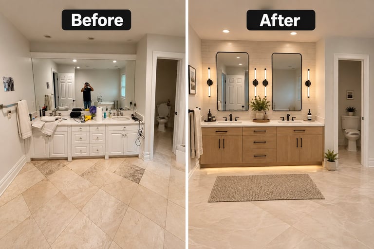 Before and after bathroom renovation showing updated vanity, lighting, flooring, and fixtures in a modern spa-like design