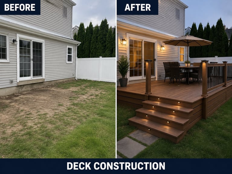Before and after comparison of a house exterior showing deck construction from bare yard to finished wooden deck with lighting and seating area