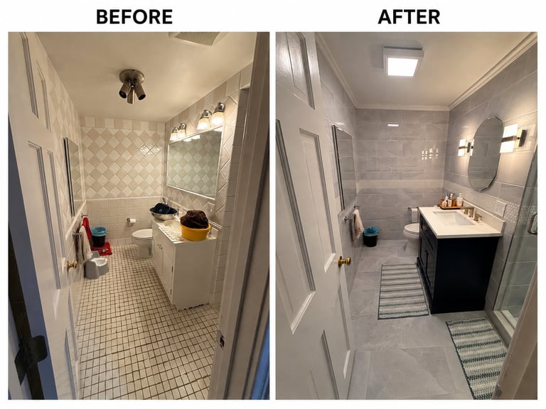 Before and after bathroom renovation showing updated lighting, vanity, flooring, and tile work