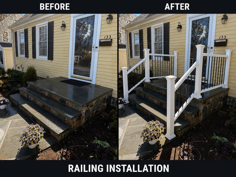 Before and after comparison of railing installation on a residential homes front entrance steps
