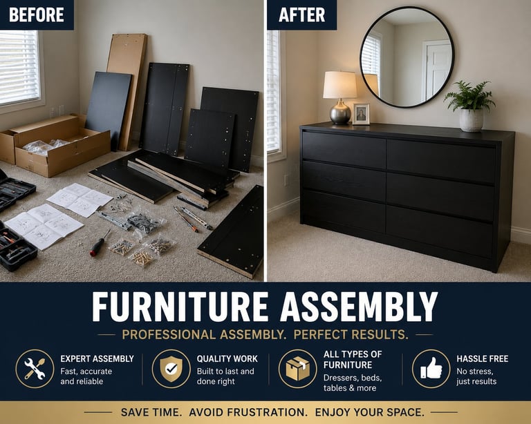 Before and after furniture assembly comparison showing cluttered furniture pieces and tools transformed into an organized black dresser with mirror and decor