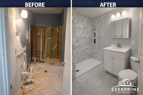 Before and after bathroom renovation showing dilapidated bathroom transformed into modern white marble bathroom with new fixtures