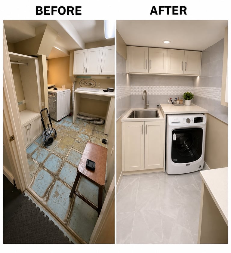 Before and after laundry room renovation showing old cluttered space transformed into modern organized room with new cabinets, flooring, and appliances