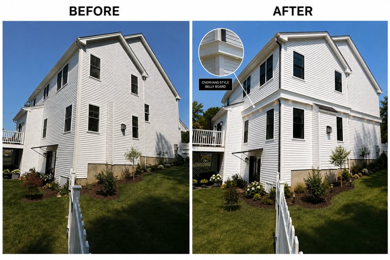 Before and after comparison of white two-story house exterior with gutter installation upgrade visible in detail inset