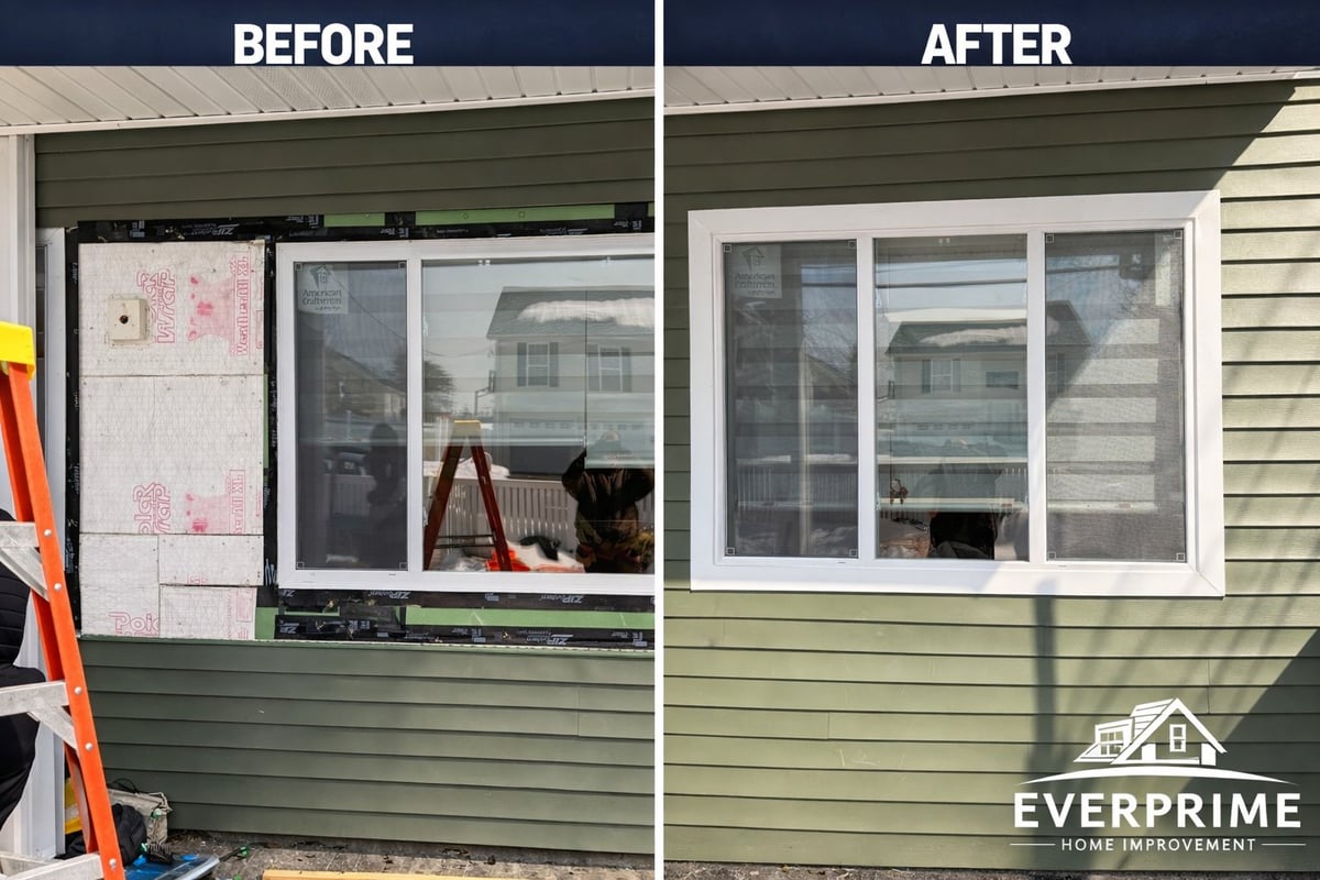 Before and after comparison of home exterior improvement, showing window and siding replacement on a residential house