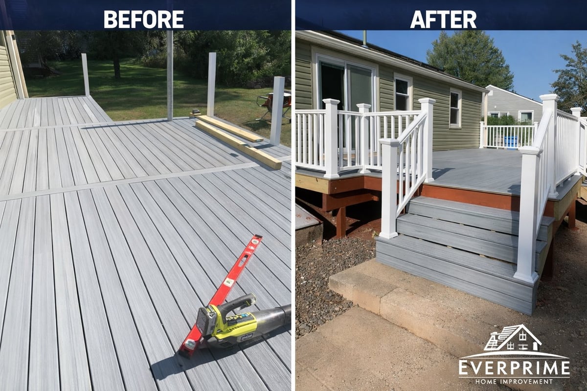 Before and after deck renovation showing gray deck with tools on left and finished deck with white railings and stairs on right