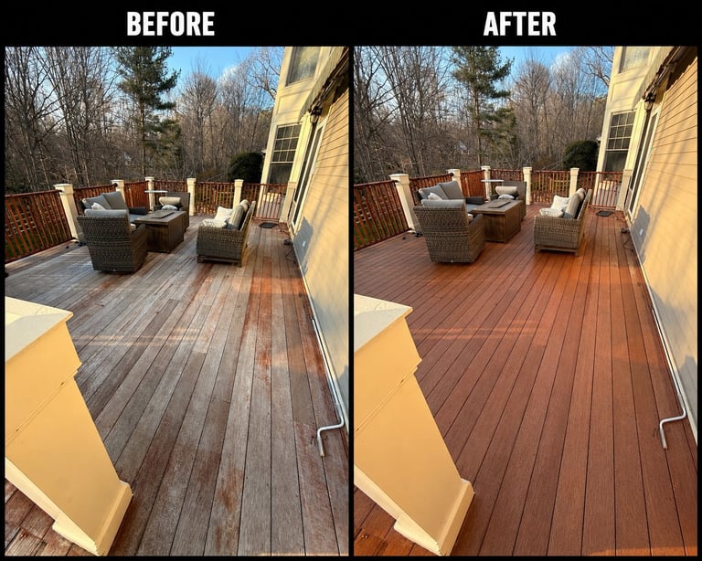 Before and after comparison of a wooden deck restoration, showing weathered gray planks transformed to rich reddish-brown finish with furniture and trees visible in background.