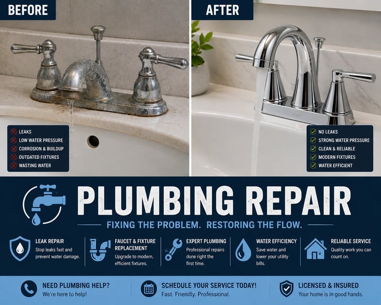 Before and after plumbing repair showing old corroded faucet and new chrome faucet installation with service details