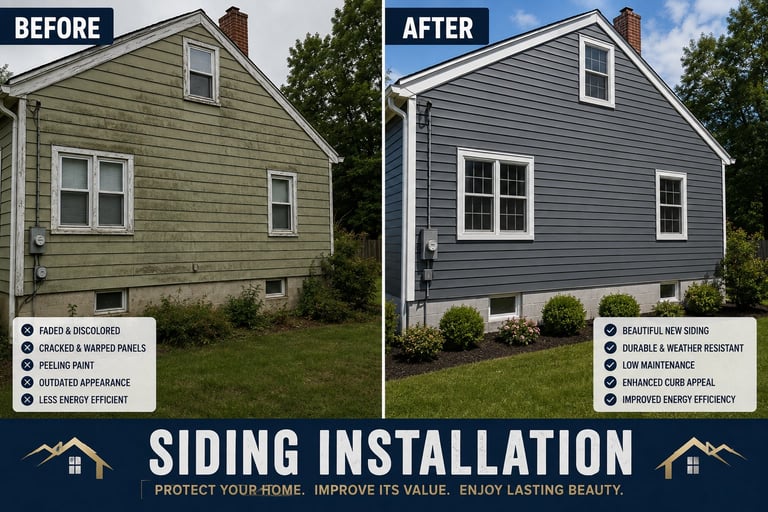 Before and after comparison of house siding installation, showing aged beige siding transformed to new dark blue siding with improved curb appeal.