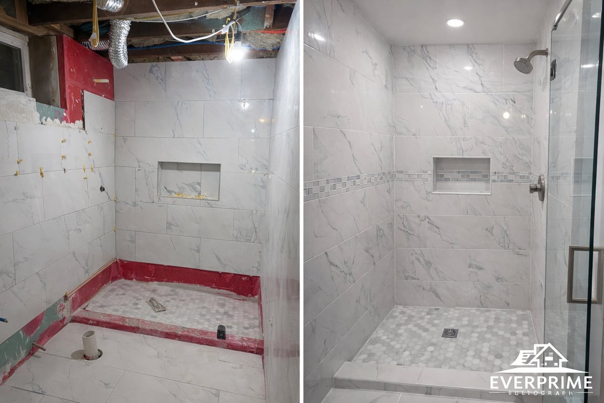 Before and after shower renovation showing unfinished construction with red framing on left and completed marble tiled shower with glass door on right