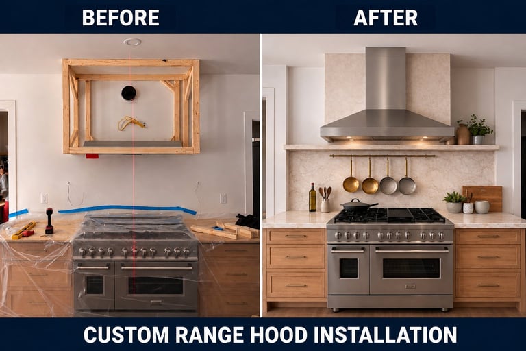 Before and after comparison of custom range hood installation showing unfinished kitchen with empty wall, then completed kitchen with stainless steel range hood and organized utensil display