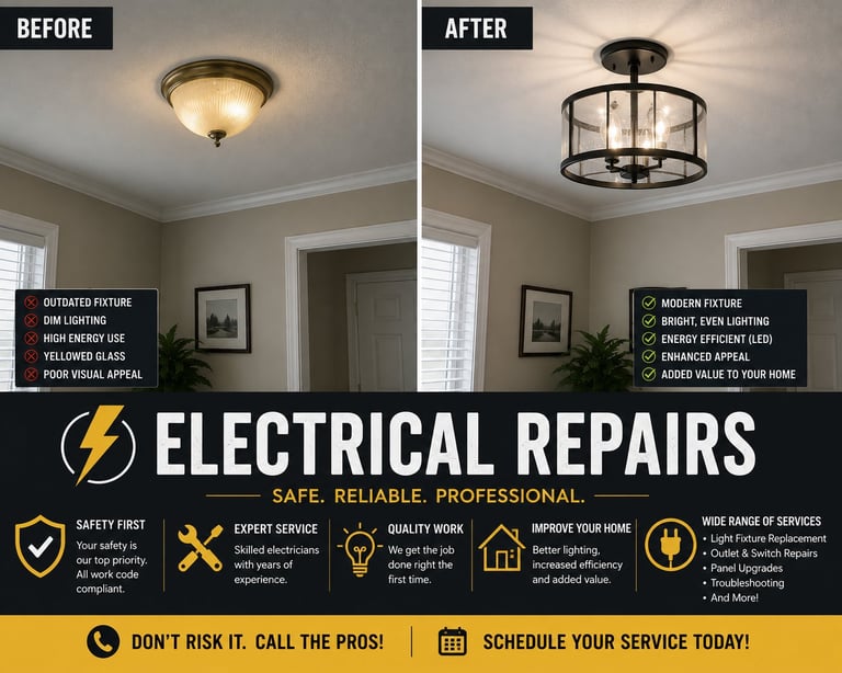 Before and after comparison of ceiling light fixture replacement, showcasing electrical repair services with safety and professional branding