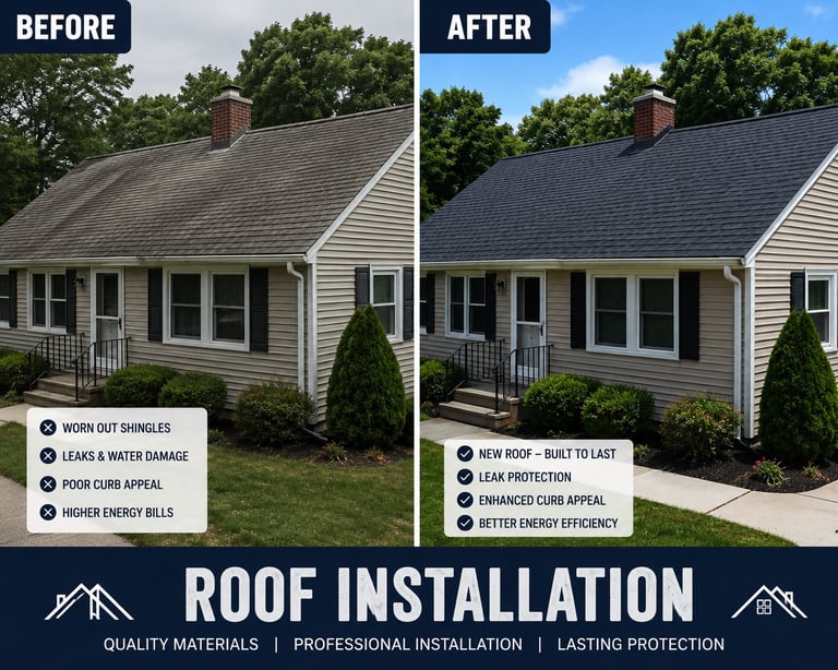 Before and after roof installation comparison showing house with old worn shingles replaced with new dark shingles